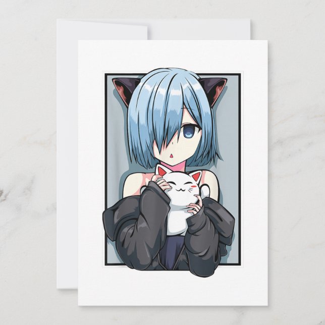 Invitación Anime Chica Neko Catgirl Pastel Kawaii Cat Manga J (Anverso)