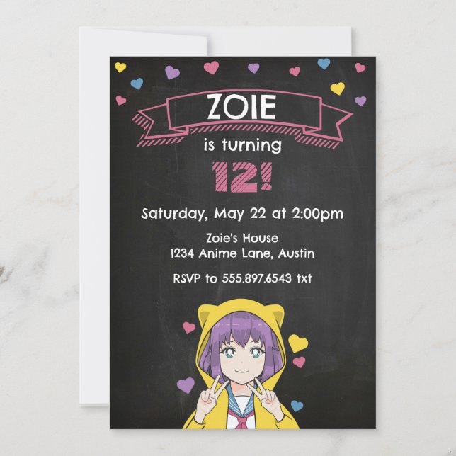 Invitación Anime Girl Peace Hearts Birthday (Anverso)