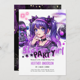 Invitación Anime Skater Chica Birday Party Skateboarding