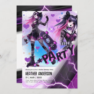 Invitación Anime Skater Chica Birday Party Skateboarding