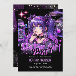 Invitación Anime Skater Chica Birday Party Skateboarding