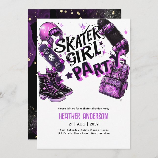 Invitación Anime Skater Chica Birday Party Skateboarding (Anverso / Reverso)