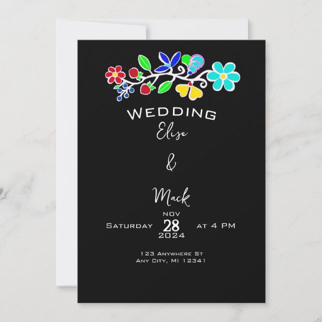 Invitación Anishinaabe Boda negro floral nativo americano (Anverso)