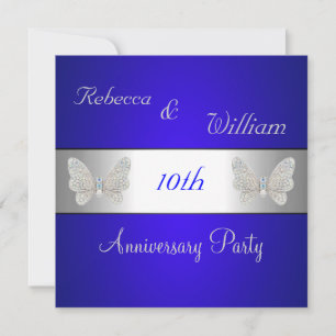 Invitación Aniversario 10º Mariposa elegante de cobalto y pla