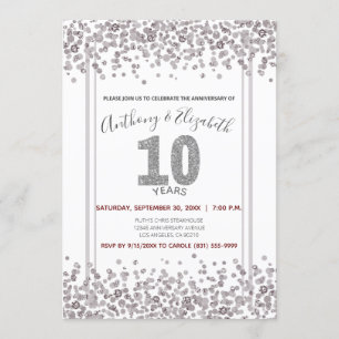 Invitación Aniversario 10 estilo Glitter Confeti Plateado