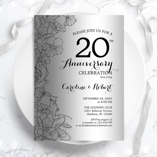 Invitación Aniversario 20º Floral Negro Plateado (Subido por el creador)