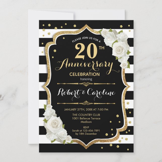 Invitación Aniversario 20 - Negro Blanco Dorado (Anverso)