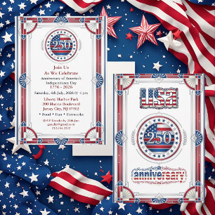 Invitación Aniversario 250 de EE. UU. Rojo Blanco Azul Chic A