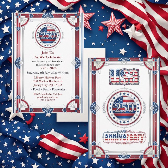 Invitación Aniversario 250 de EE. UU. Rojo Blanco Azul Chic A (USA 250th Anniversary Red White Blue American Chic Invitation)