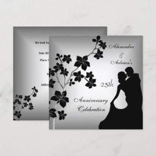 Invitación Aniversario 25 Asiático Negro Floral Pareja Plata