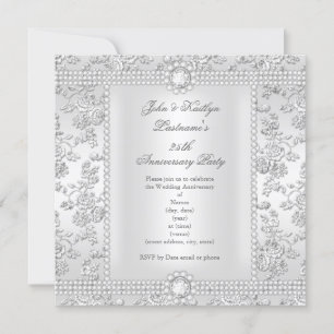Invitación Aniversario 25 Diamante Rosa Damask Plateado Blanc
