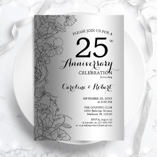 Invitación Aniversario 25 Floral Negro Plateado