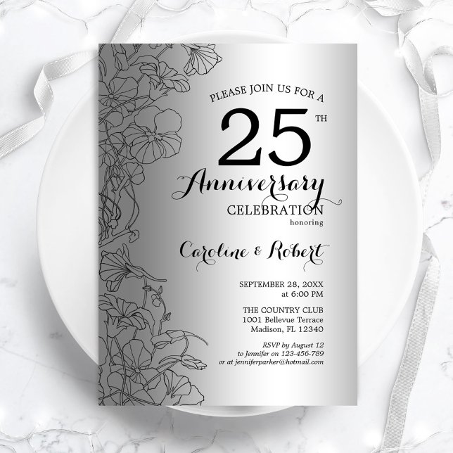 Invitación Aniversario 25 Floral Negro Plateado (Subido por el creador)