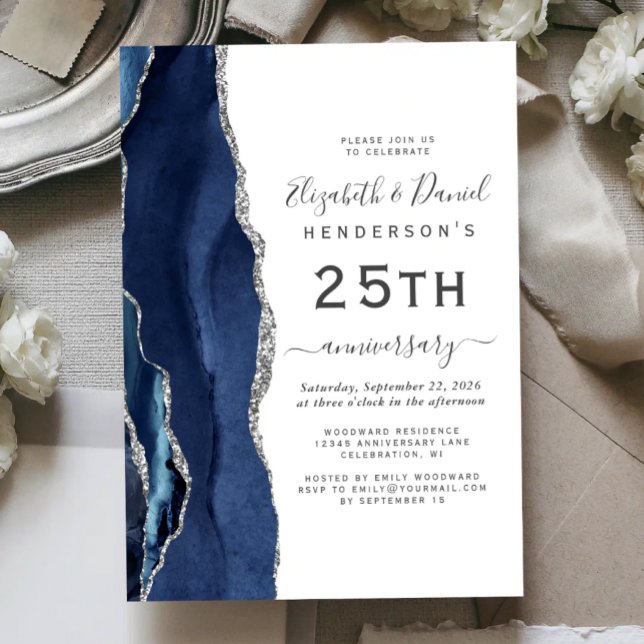 Invitación Aniversario 25 Navy Blue Agata Plata (Subido por el creador)
