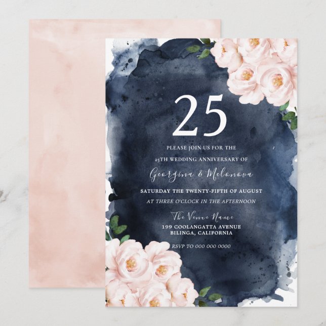 Invitación Aniversario 25 Navy Watercolor Blush Floral (Anverso / Reverso)