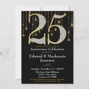 Invitación Aniversario 25 Negro Oro Diamantes