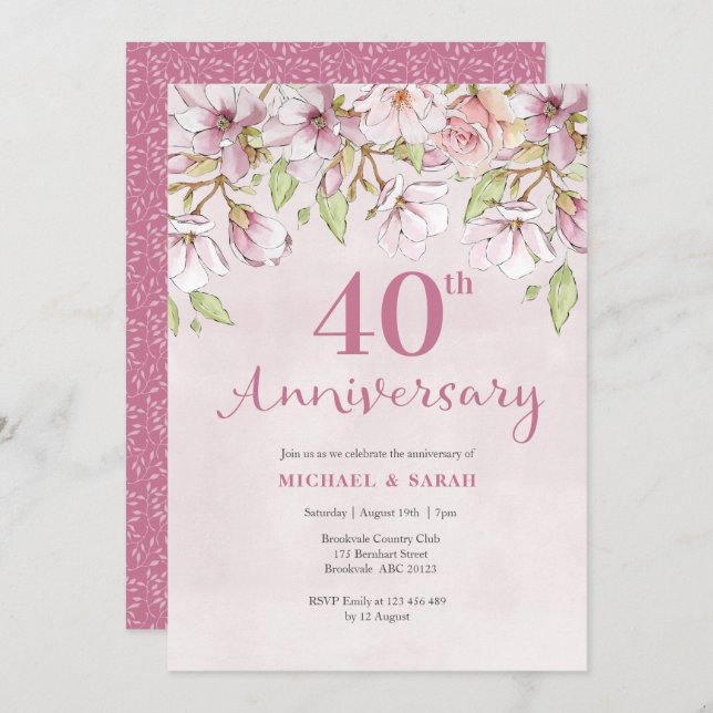 Invitación Aniversario 40 Rosas Floral Rosa (Anverso / Reverso)