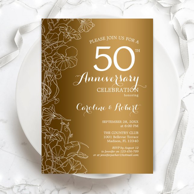 Invitación Aniversario 50 Bodas de Oro Floral Blanco Dorado (Subido por el creador)
