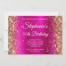 Invitación Aniversario 50 Cumpleaños Rosa Caliente Monograma 