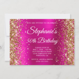 Invitación Aniversario 50 Cumpleaños Rosa Caliente Monograma 