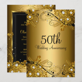 Invitación Aniversario 50 Gold Black Diamond Floral Swirl