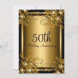 Invitación Aniversario 50 Gold Black Diamond Floral Swirl