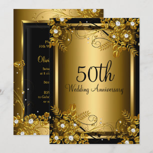 Invitación Aniversario 50 Gold Black Diamond Floral Swirl