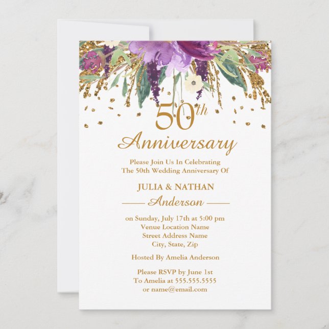 Invitación Aniversario 50 Gold Purple Ametista Floral (Anverso)