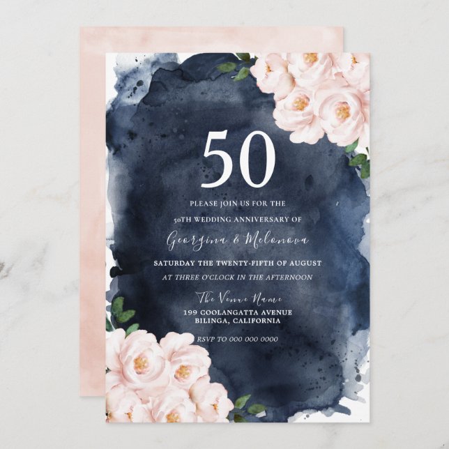 Invitación Aniversario 50 Navy Watercolor Blush Floral (Anverso / Reverso)