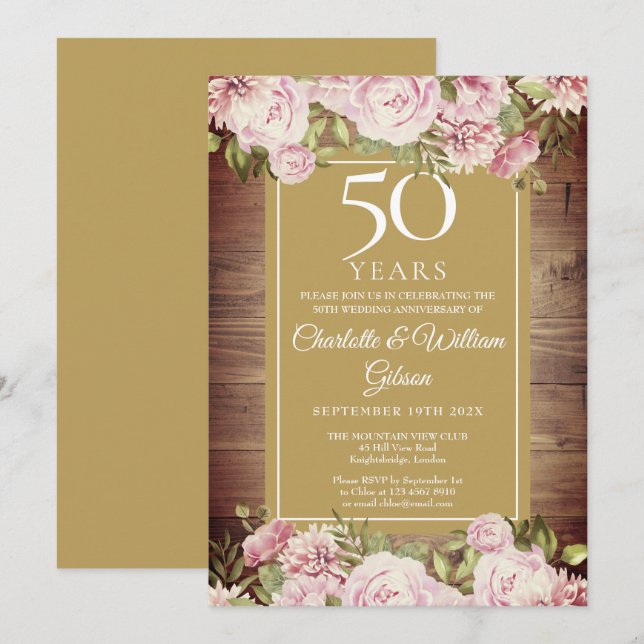 Invitación Aniversario 50 rustic watercolour rosas rosadas (Anverso / Reverso)