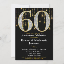 Invitación Aniversario 60 Negro Oro Diamantes