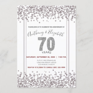 Invitación Aniversario 70 estilo Glitter Confeti Plateado