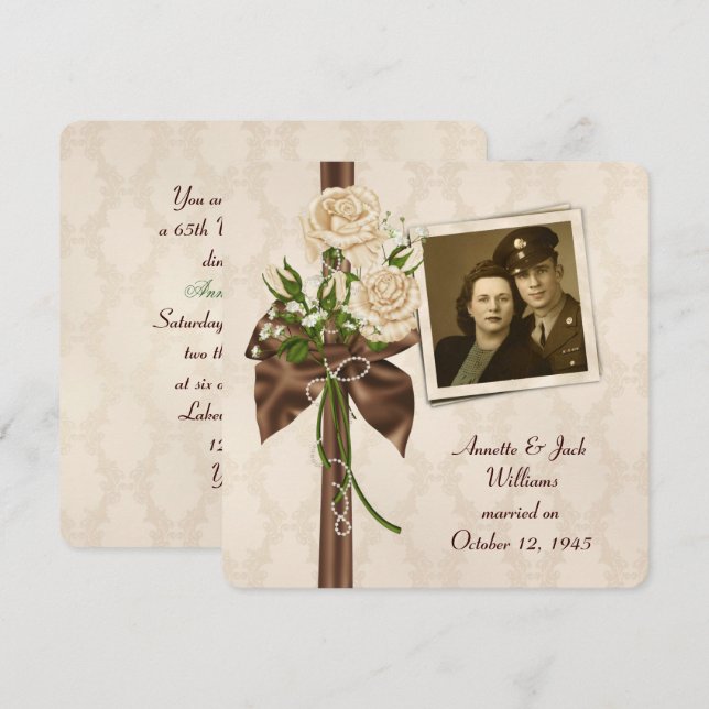 Invitación Aniversario a la antigua con rosas en damasco (Anverso / Reverso)