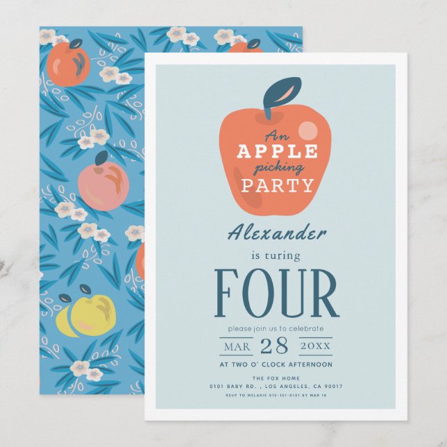 Invitación Aniversario azul de Apple Picking Boy (Anverso / Reverso)