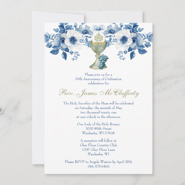 Invitación Aniversario azul de la Ordenación del Sacerdote Ca (Anverso)