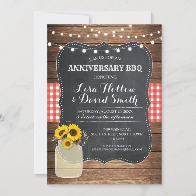 Invitación Aniversario BBQ Red Check Chalk Jar Girasol (Anverso)
