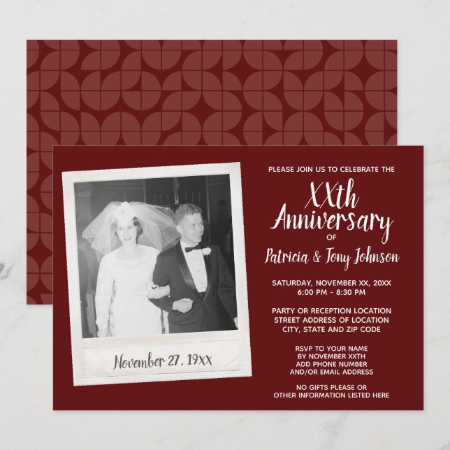 Invitación Aniversario boda con foto vintage - borgoña (Anverso / Reverso)