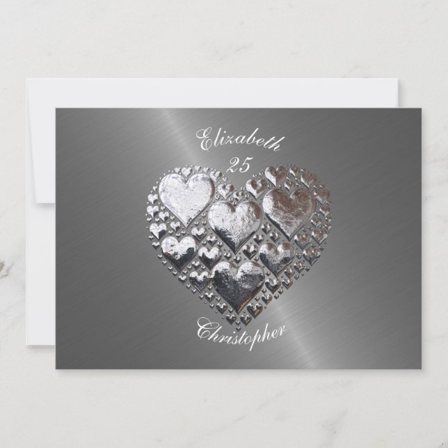 Invitación Aniversario Boda Cumpleaños Plata Corazones Acero (Anverso)