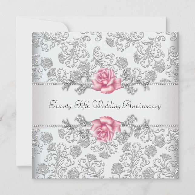 Invitación Aniversario Boda de la Plata Rosa Damask Silver 25 (Anverso)