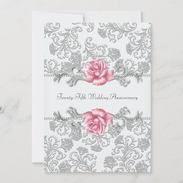 Invitación Aniversario Boda de la Plata Rosa Damask Silver 25 (Anverso)