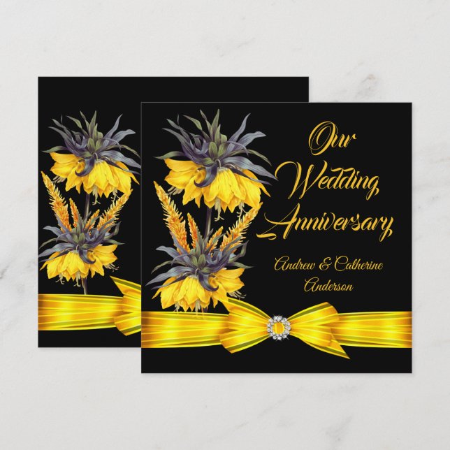 Invitación Aniversario boda flor amarillo exótico arco negro (Anverso / Reverso)