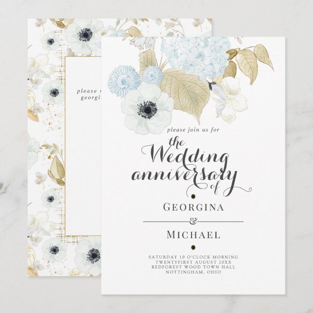 Invitación ANIVERSARIO BODA Floral Aquamarine Blue Gold (Anverso / Reverso)