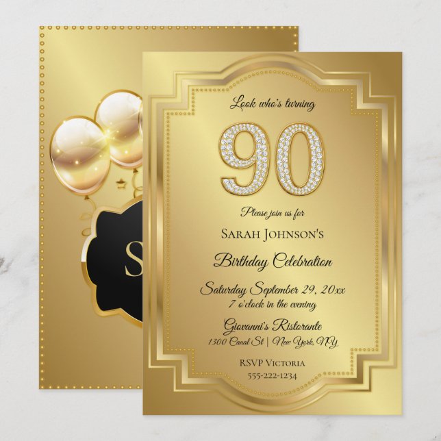 Invitación Aniversario de 90 cumpleaños de oro y diamantes (Anverso / Reverso)