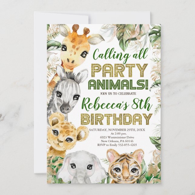 Invitación Aniversario de animales Fiestas salvajes, cualquie (Anverso)