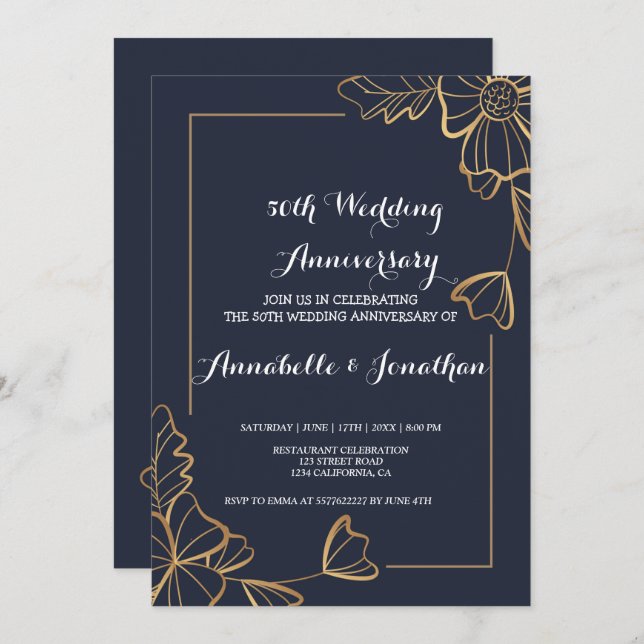 Invitación Aniversario de boda azul marino y floral dorado (Anverso / Reverso)