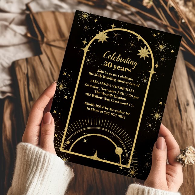 Invitación Aniversario de Boda Celestial de Oro Negro Místico (Subido por el creador)