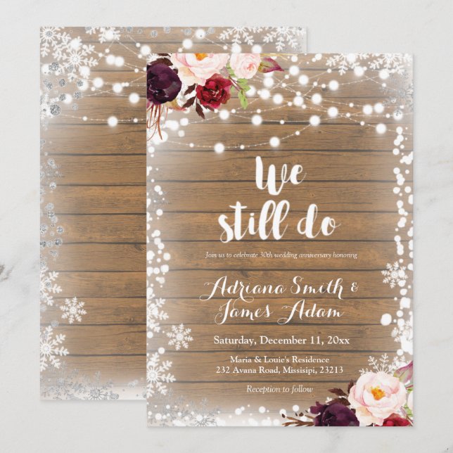 Invitación Aniversario de Boda Copos de Nieve Marsala Inviern (Anverso / Reverso)