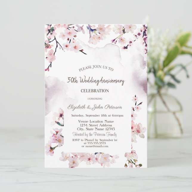 Invitación Aniversario de boda de flor de cerezo (Anverso de pie)