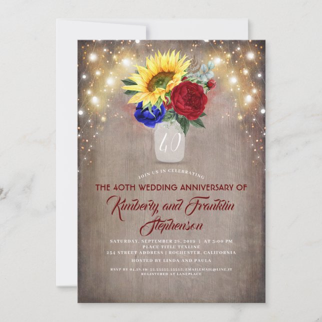 Invitación Aniversario de Boda de Girasoles Borgoña y Azul Ma (Anverso)