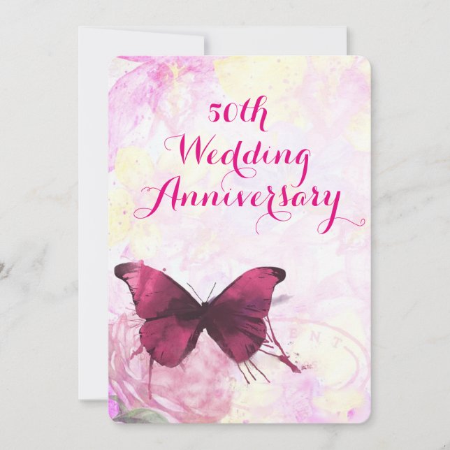 Invitación Aniversario de Boda de Mariposa con Acuarela Púrpu (Anverso)